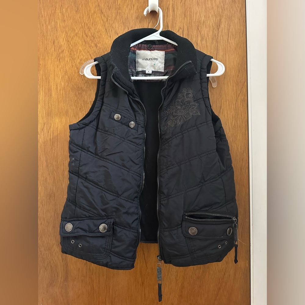 Maurices Black Quilted Vest with Embroidered Detail